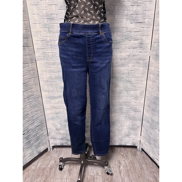 SPANX Denim - Spanx Womens Large Skinny Jeans Dark Wash Blue Pull On High Rise Stretch Denim